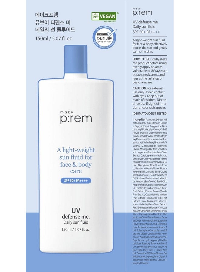 Makeprem Defense Me Daily Vegan Sun Fluid Nongreasy Calming Hydrating Spf 50+Pa++++ Sunblock Reefsafe Uv Broad Protection Sunscreen Blue Ray Sensitive Acneprone Oily Skin Face Body Korean Skincare