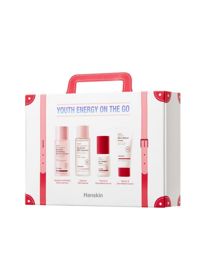 Youth Energy On The Go Kit Set Of 4 Essential Travel Skincare Set For Hydrating & Resurfacing Skin Hyaluron Treatment Skin Essence Retinol Facial Serum And Cream Korean Skincare