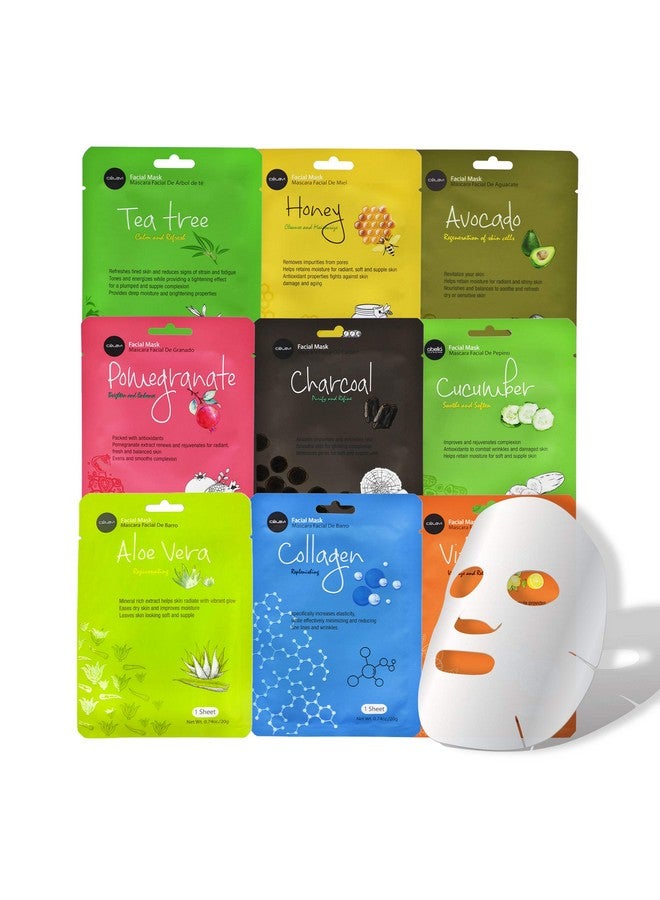 Celavi Essence Facial Face Mask Paper Sheet Korea Skin Care Moisturizing 9 Pack (Mix Of 9)