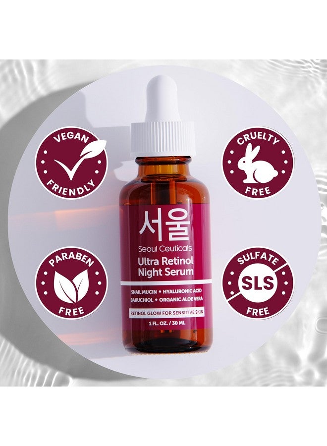 1% Korean Retinol Night Serum For Face 97.5% Snail Mucin + Hyaluronic Acid + Bakuchiol Cruelty Free K Beauty For Sensitive Skin 1Oz