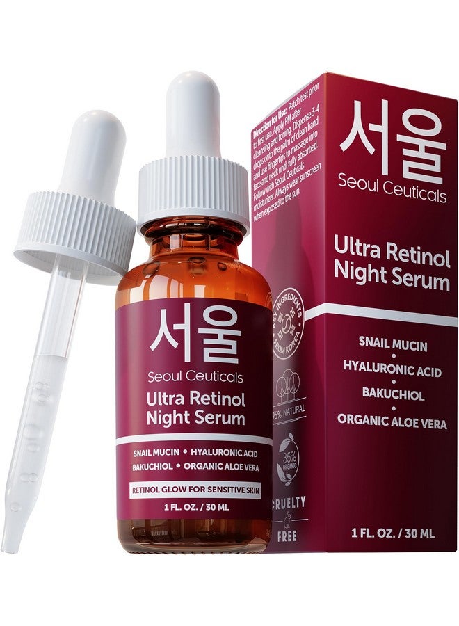 1% Korean Retinol Night Serum For Face 97.5% Snail Mucin + Hyaluronic Acid + Bakuchiol Cruelty Free K Beauty For Sensitive Skin 1Oz