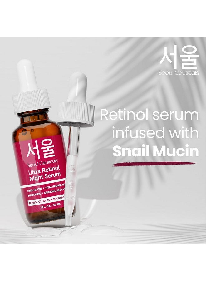 1% Korean Retinol Night Serum For Face 97.5% Snail Mucin + Hyaluronic Acid + Bakuchiol Cruelty Free K Beauty For Sensitive Skin 1Oz