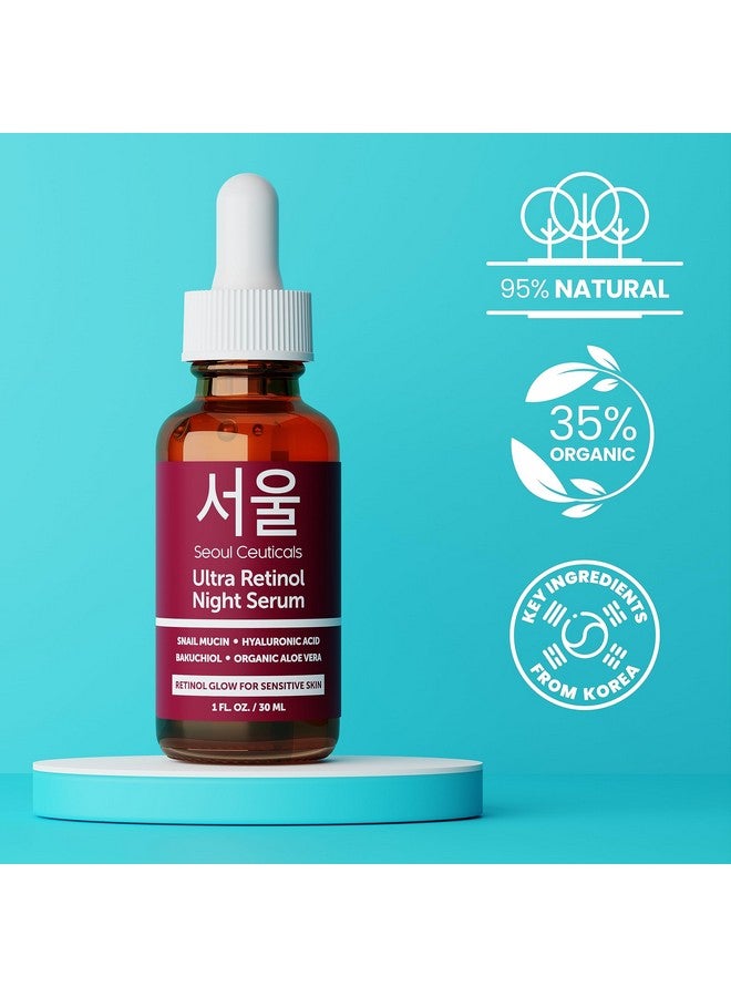 1% Korean Retinol Night Serum For Face 97.5% Snail Mucin + Hyaluronic Acid + Bakuchiol Cruelty Free K Beauty For Sensitive Skin 1Oz