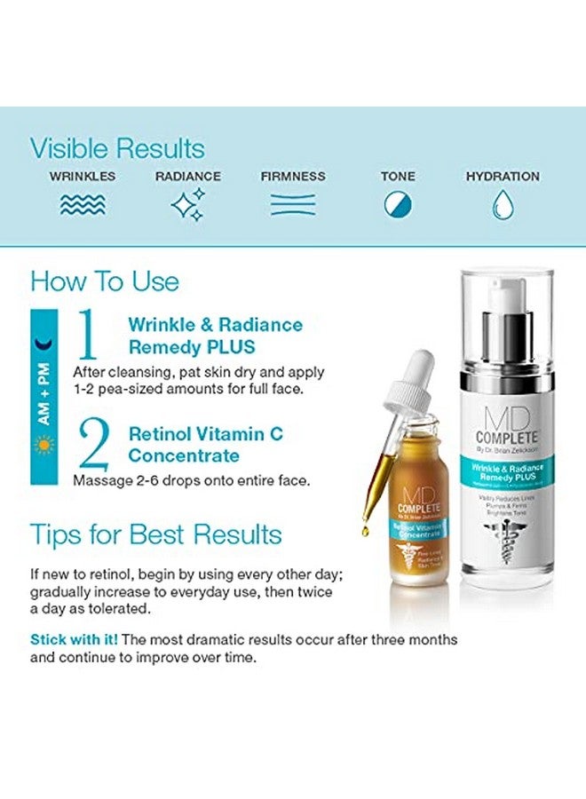 Md Complete Wrinkle Retinol Duo Professional Dermatologist Skincare Includes Wrinkle & Radiance Remedy Plus 1.0 Fl Oz And Retinol Vitamin C Concentrate With Retinol And Vitamin C 0.5 Fl Oz Set Of Two