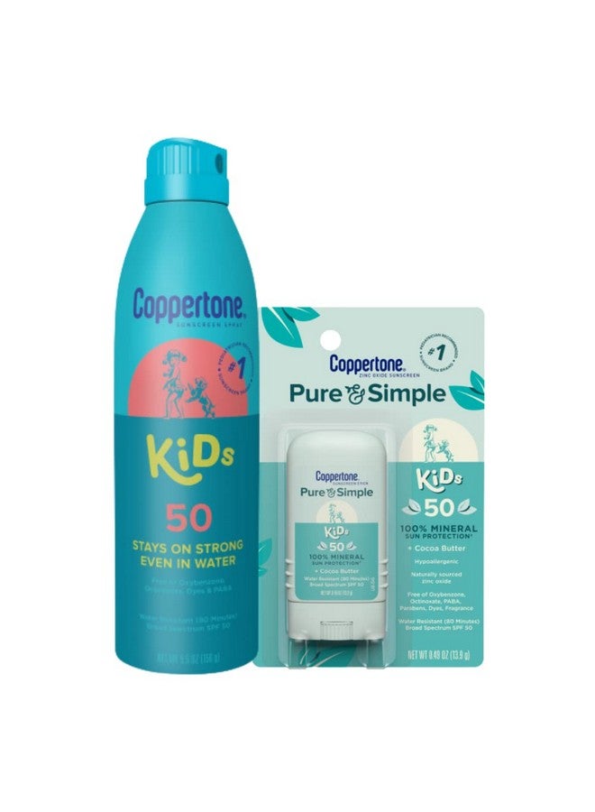 Kids Sunscreen Spray Spf 50 + Pure And Simple Kids Sunscreen Stick Spf 50 Bundle Zinc Oxide Mineral Sunscreen (5.5 Oz Spray + 0.49 Oz Stick)