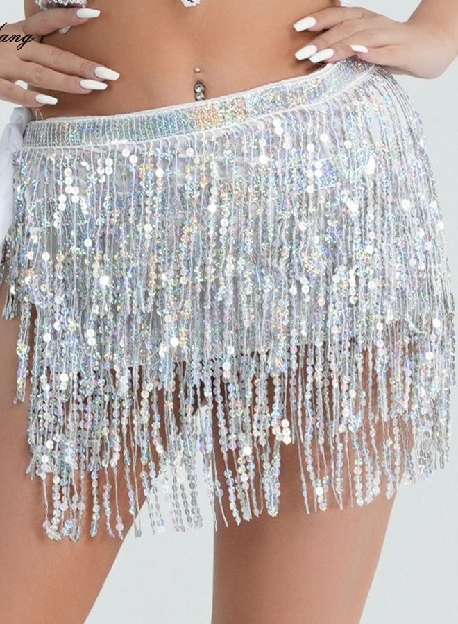 Sequin Fringe Waist Chain Skirt Sparkly Belly Dance Tassel Waist Wrap Belt Skirts Party Rave Costume Silver