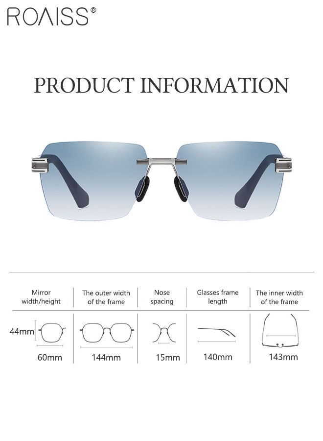 Men's Square Rimless Sunglasses, UV400 Protection Sun Glasses, Fashion Anti-Glare Sun Shades for Men Driving, Fishing, Traveling, Grey Silver, 60mm