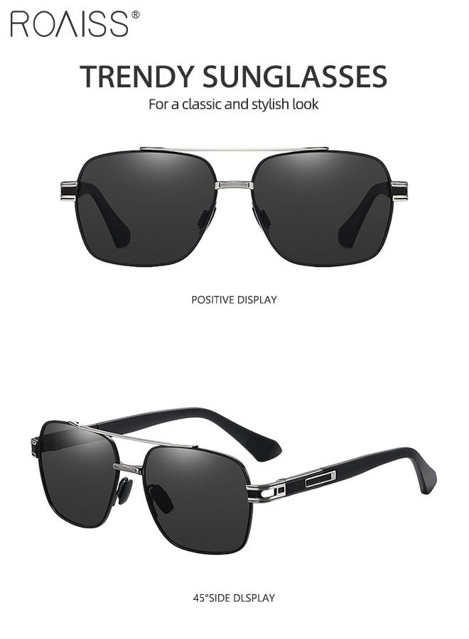 Men's Aviator Polarized Sunglasses, UV400 Protection Sun Glasses with Metal Frame, Fashion Anti-Glare Sun Shades for Men Driving, Fishing, Traveling, Black Silver, 57mm