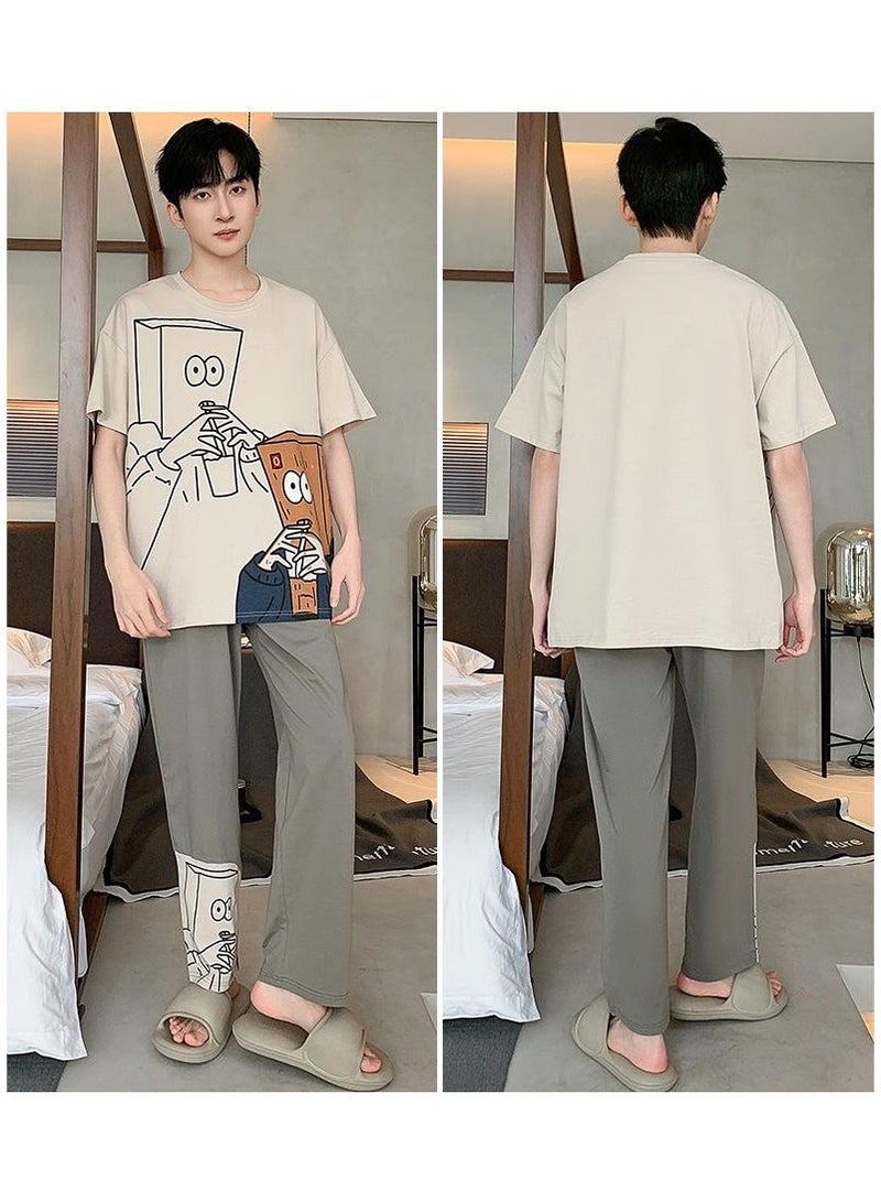 Fashionable Men's Summer Casual Printed Short Sleeved Long Pants Home Suit