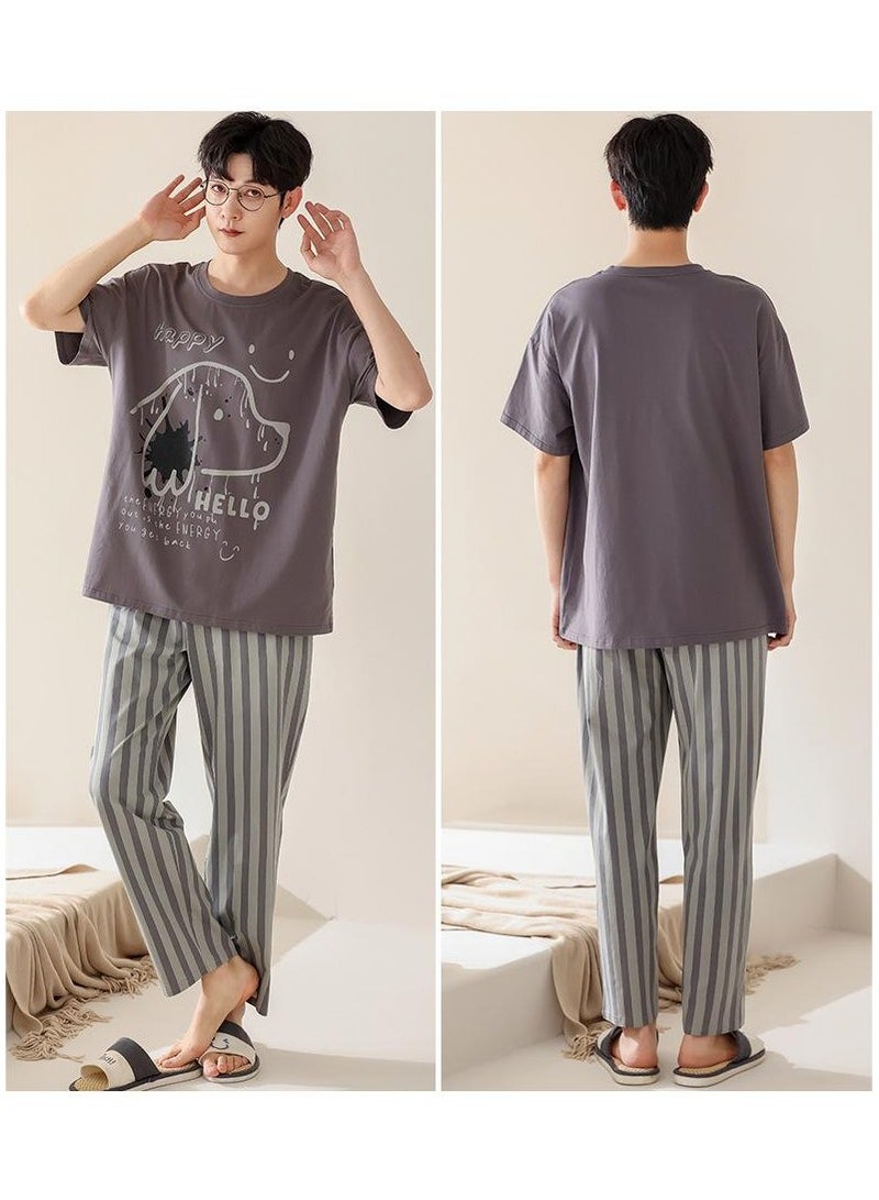 Fashionable Men's Summer Casual Printed Short Sleeved Long Pants Home Suit