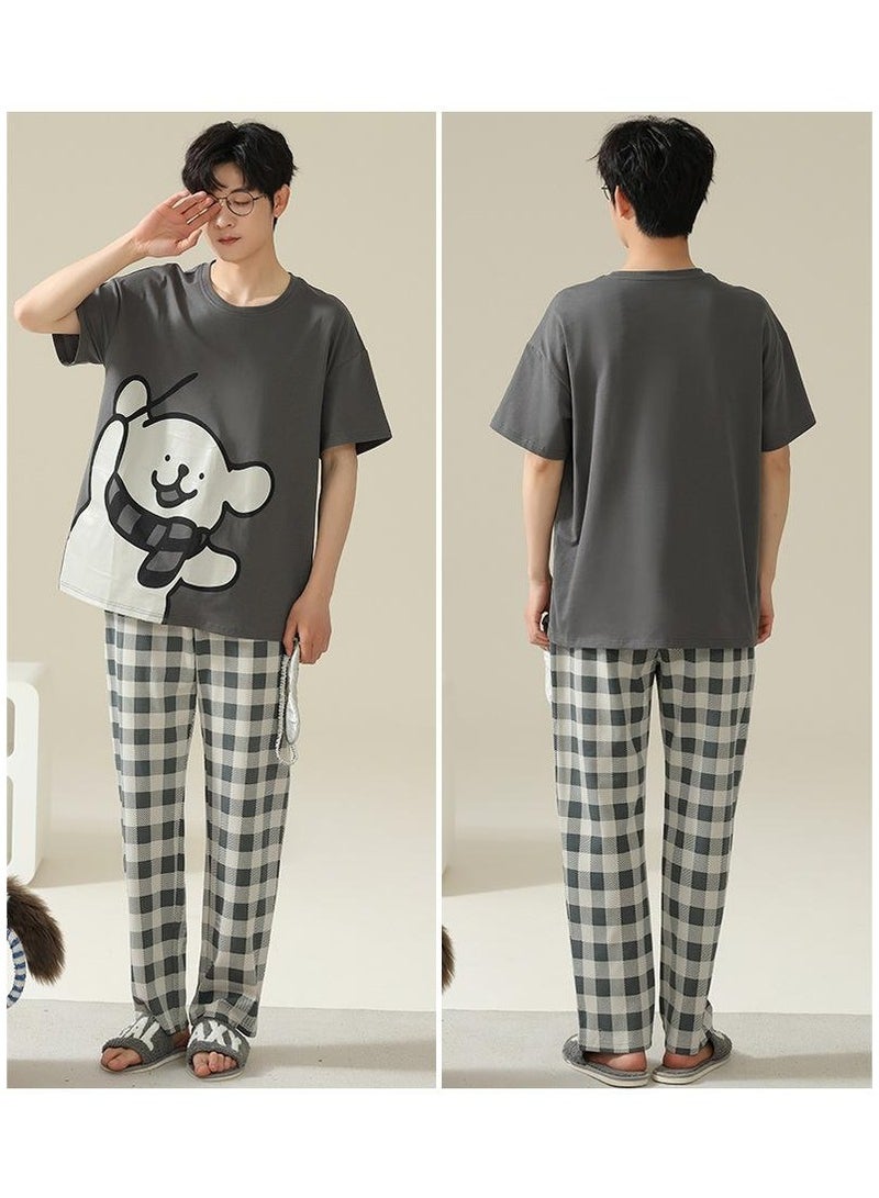 Fashionable Men's Summer Casual Printed Short Sleeved Long Pants Home Suit