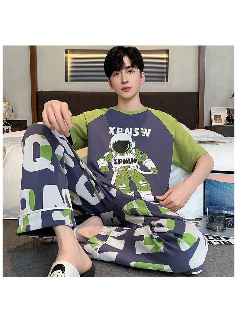 Fashionable Men's Summer Casual Printed Short Sleeved Long Pants Home Suit