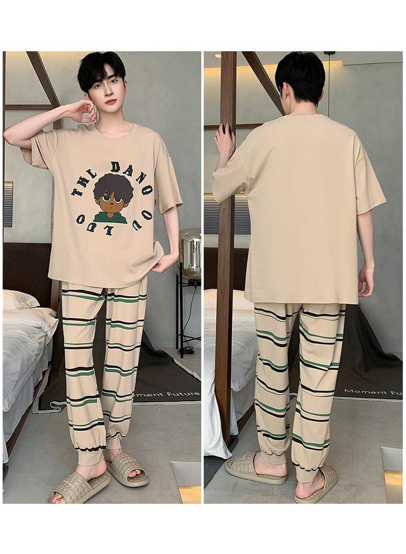 Fashionable Men's Summer Casual Printed Short Sleeved Long Pants Home Suit