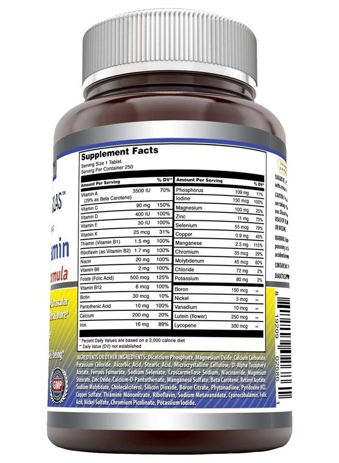 Amazing Formulas Daily Multivitamin Tablets (Non-GMO) - Just 1 Tablets A Day Formula A Complete Multivitamin to Support Cardiovascular Health, Immune Functions, Visual Functions & More* (250 Count)