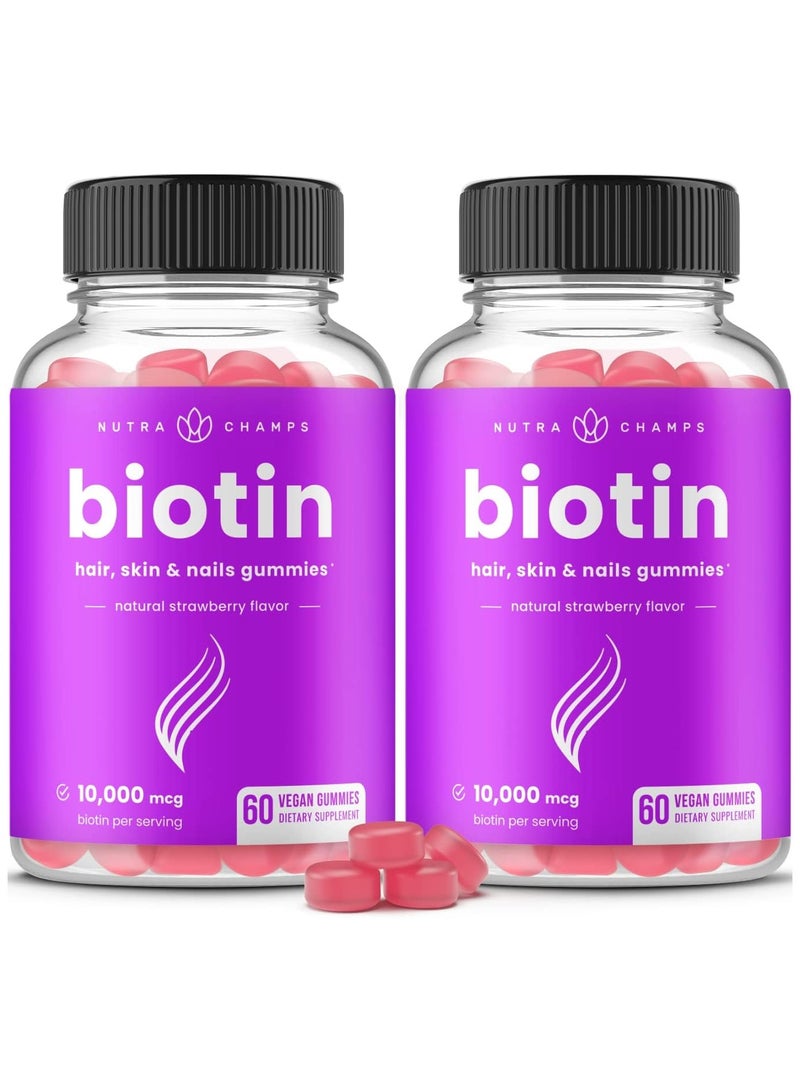 (2 Pack) Biotin Gummies 10,000mcg [Highest Potency] for Healthy Hair, Skin & Nails for Adults & Kids - 5000mcg in Each Gummy Vitamin - Vegan, Non-GMO, Pectin-Based Hair Growth Supplement