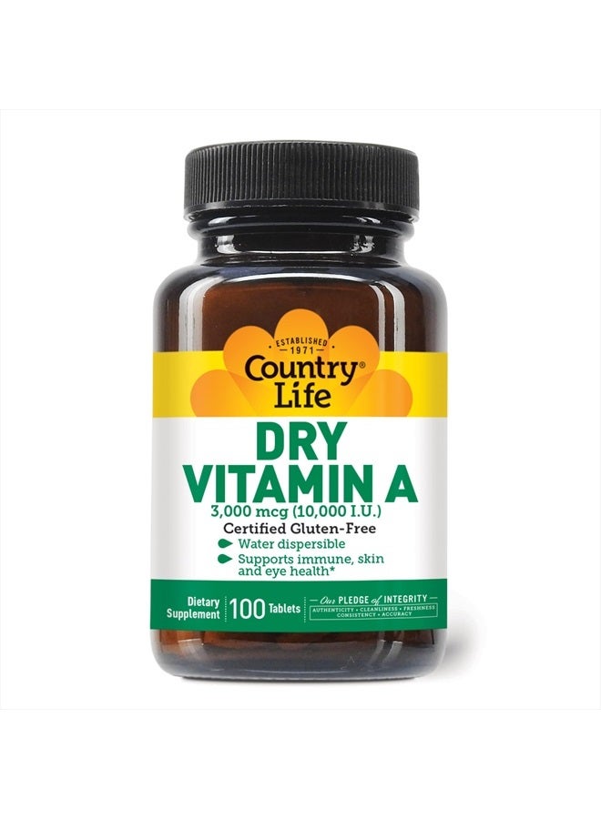 Dry Vitamin A, Supports Immune, Skin & Eye Health, 10,000 IU, 100 Tablets, Certified Gluten Free, Certified Vegan, Certified Halal