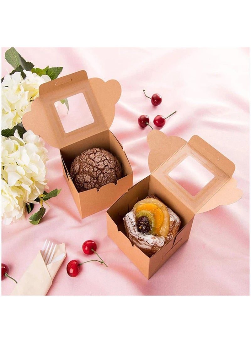 10 Pack Bakery Boxes 4x4x2.5 Inches Small Brown Cake Box Small Kraft Cookie Boxes with Window for Cupcakes, Pies, Donuts