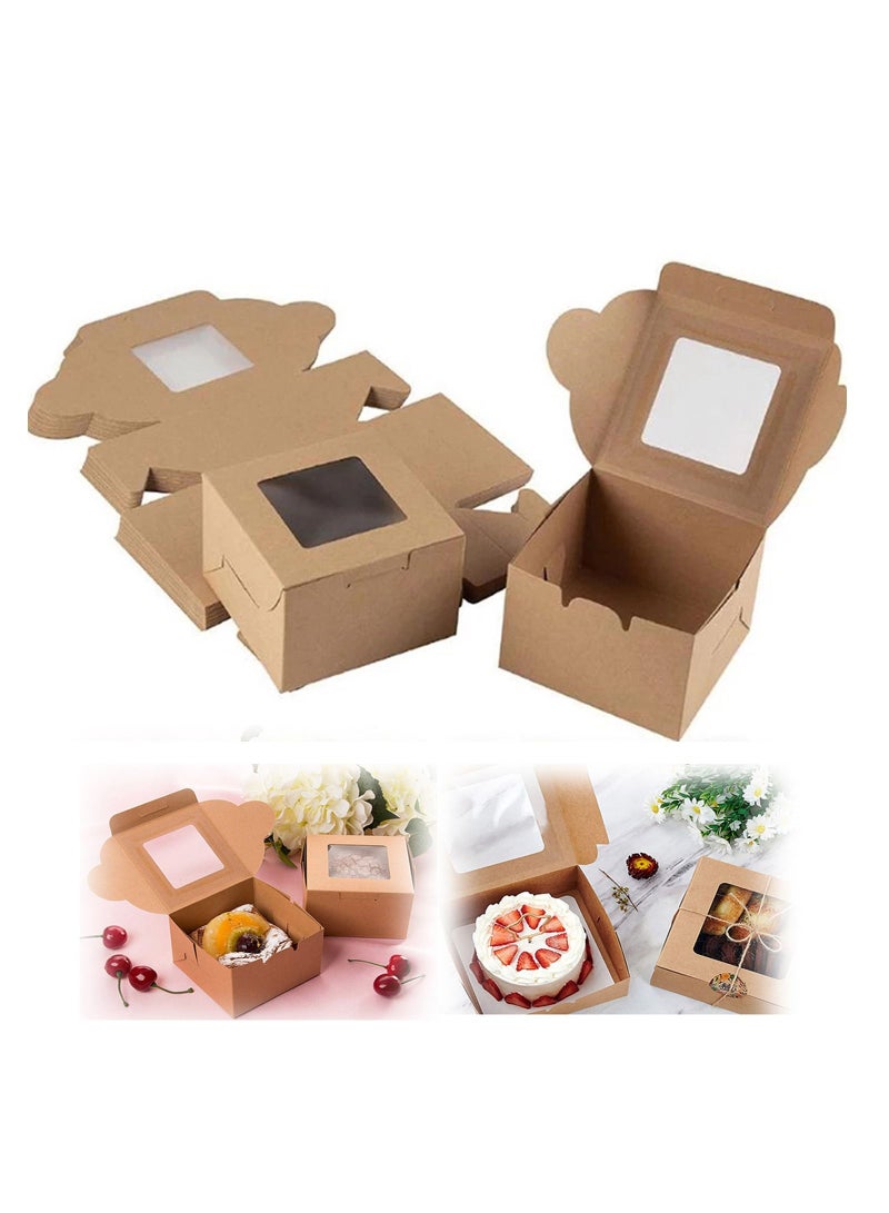 10 Pack Bakery Boxes 4x4x2.5 Inches Small Brown Cake Box Small Kraft Cookie Boxes with Window for Cupcakes, Pies, Donuts