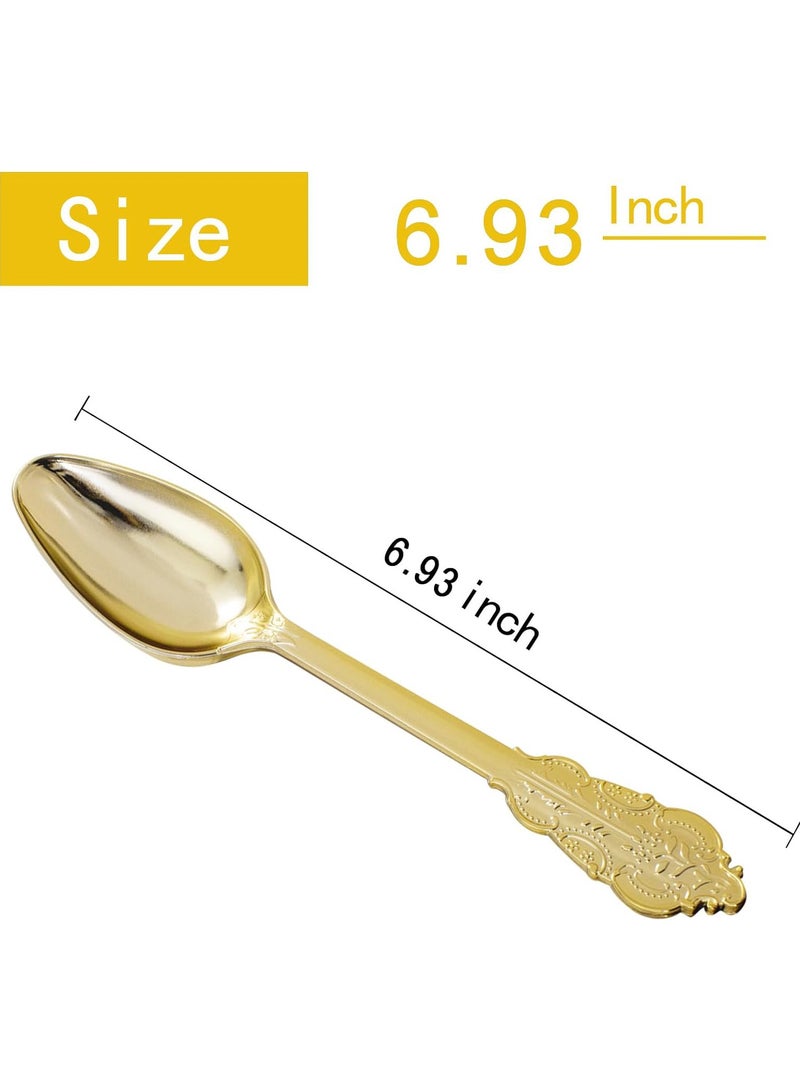 Gold Plastic Spoons Disposable, 25Pcs Dessert Spoon, 6.93 Inch Baroque Gold Plastic Silverware for Dessert Cake, Heavy Duty Plastic Spoons for Party, Wedding, Gorgeous Design Gold Spoons
