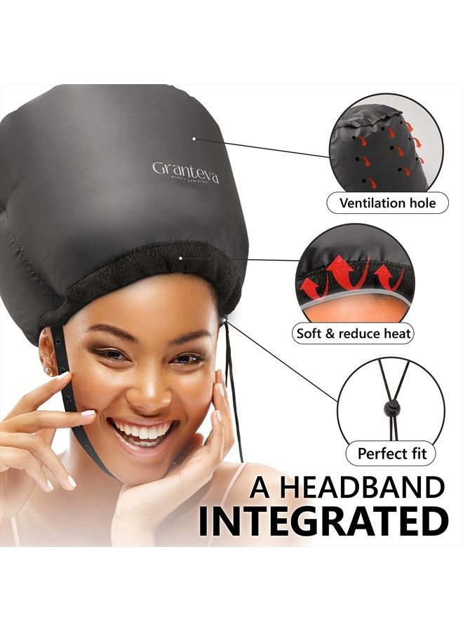 Hair Dryer Bonnet w/A Headband Integrated That Reduces Heat Around Ears & Neck - Hair Dryer Hooded Diffuser Cap for Curly, Speeds Up Drying Time, Safety Deep Conditioning At Home - Portable, Large