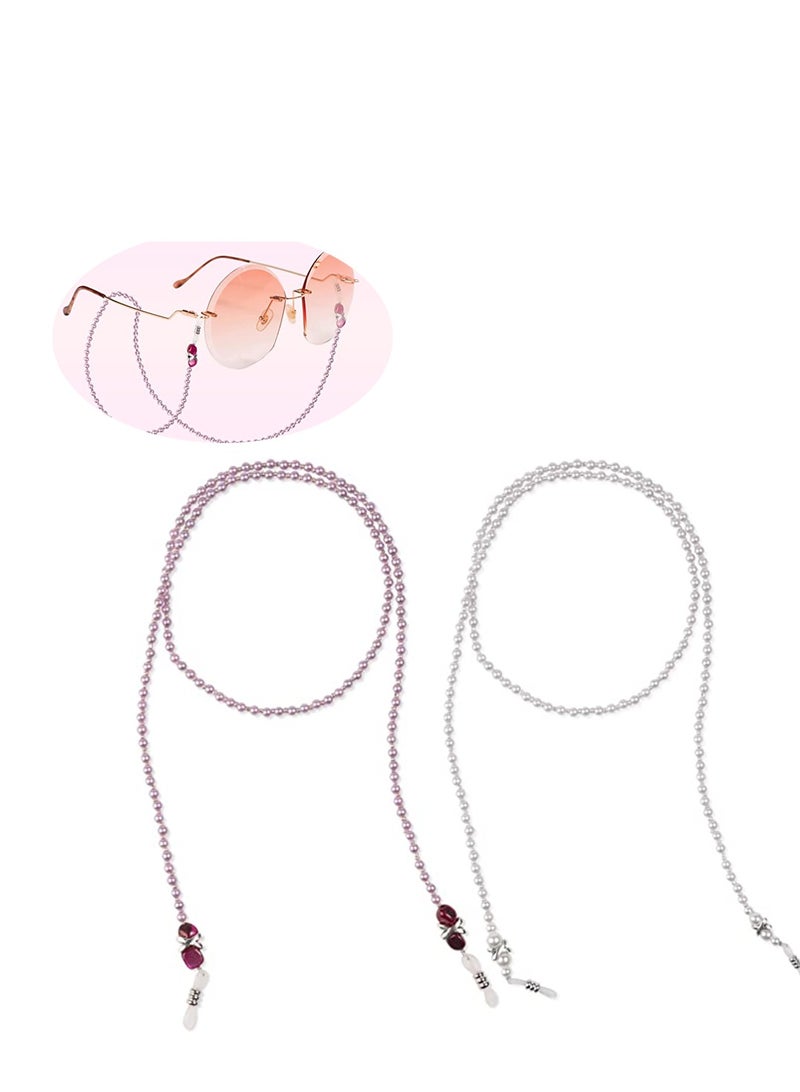 Sunglasses Chain Pearl Eyeglass Mask Chain Holder Hook and Loop Closure Anti-Lost Elegant Sunglasses Reading Glasses Myopic Scope Eyewear Lanyards for Women Girls 2PCS