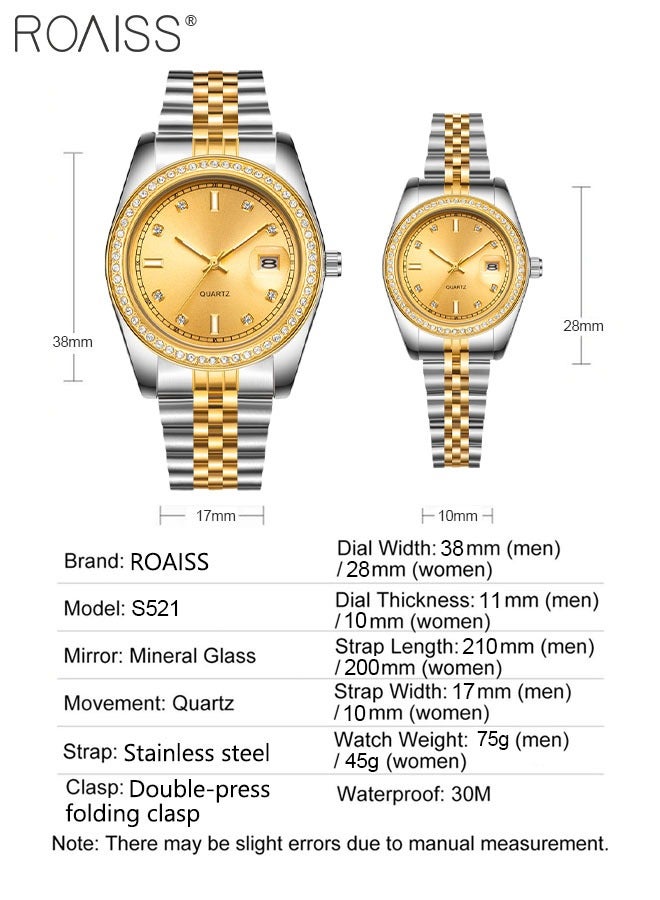 Stainless Steel Strap Couple Quartz Watch Set, Analog Display Round Dial with Rhinestones-Set Bezel, Luxurious Luminous Waterproof Calendar Watch Gift for Men Women