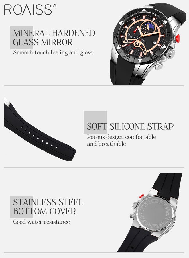 Men's Silicone Strap Chronograph Quartz Watch Round Black Dial with Moon Phase Display Waterproof Luminous Wristwatch as Gift for Men