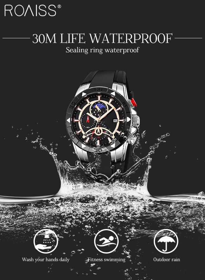 Men's Silicone Strap Chronograph Quartz Watch Round Black Dial with Moon Phase Display Waterproof Luminous Wristwatch as Gift for Men