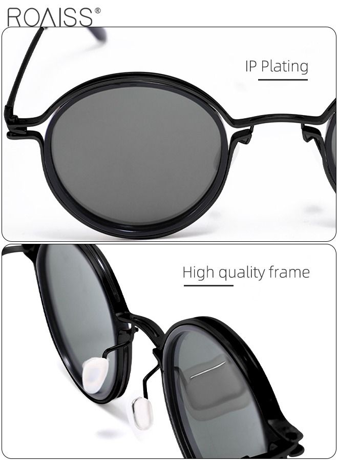 Women's Polarized Round Sunglasses, UV400 Protection Sun Glasses with Black Metal Frame and Grey Lenses, Fashion Anti-glare Sun Shades for Women with Glasses Case, 47mm