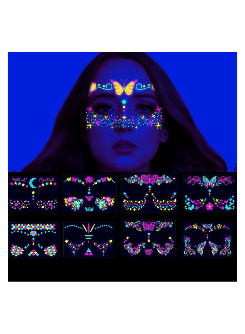 Glow In The Dark Tattoos for Adults, 8 Sheets Blacklight UV Neon Glow Temporary Tattoos Makeup Butterfly Tattoos Stickers for Glow In The Dark Party Supplies