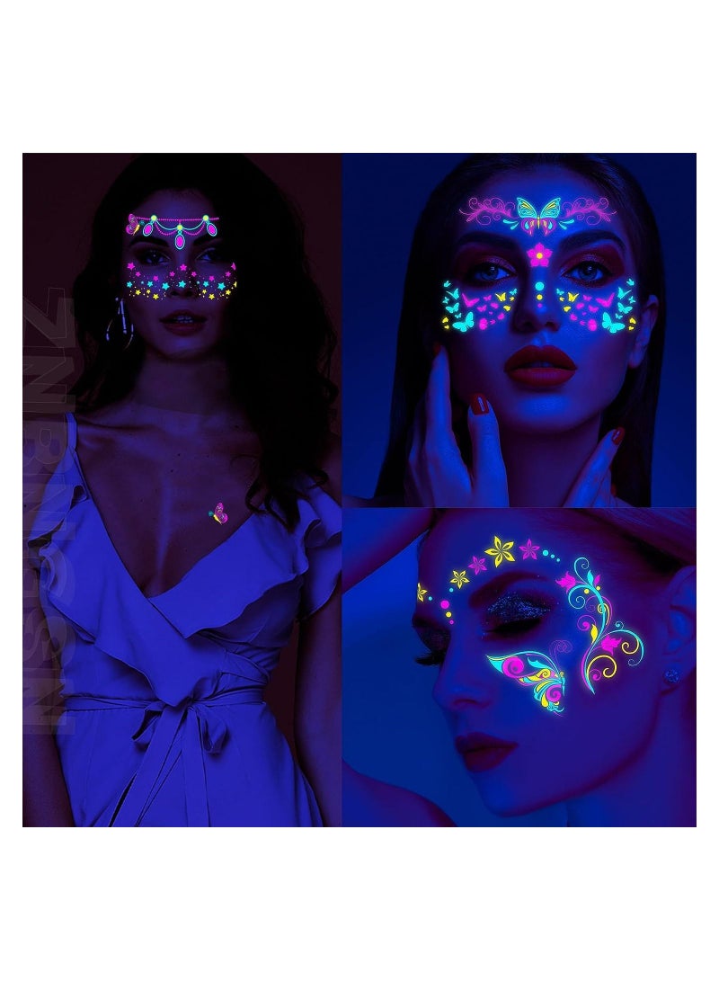 Glow In The Dark Tattoos for Adults, 8 Sheets Blacklight UV Neon Glow Temporary Tattoos Makeup Butterfly Tattoos Stickers for Glow In The Dark Party Supplies