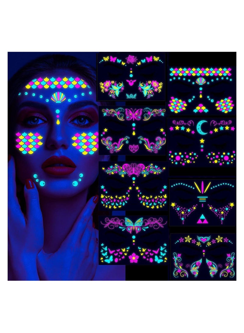 Glow In The Dark Tattoos for Adults, 8 Sheets Blacklight UV Neon Glow Temporary Tattoos Makeup Butterfly Tattoos Stickers for Glow In The Dark Party Supplies