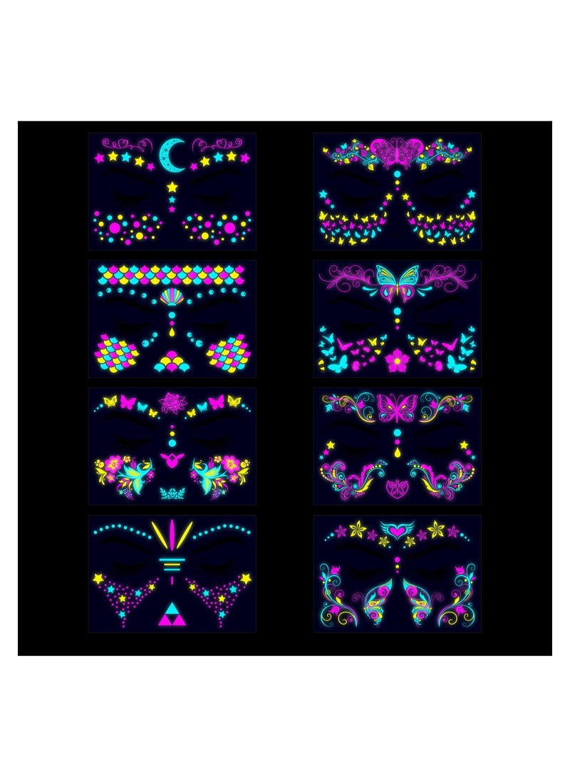Glow In The Dark Tattoos for Adults, 8 Sheets Blacklight UV Neon Glow Temporary Tattoos Makeup Butterfly Tattoos Stickers for Glow In The Dark Party Supplies