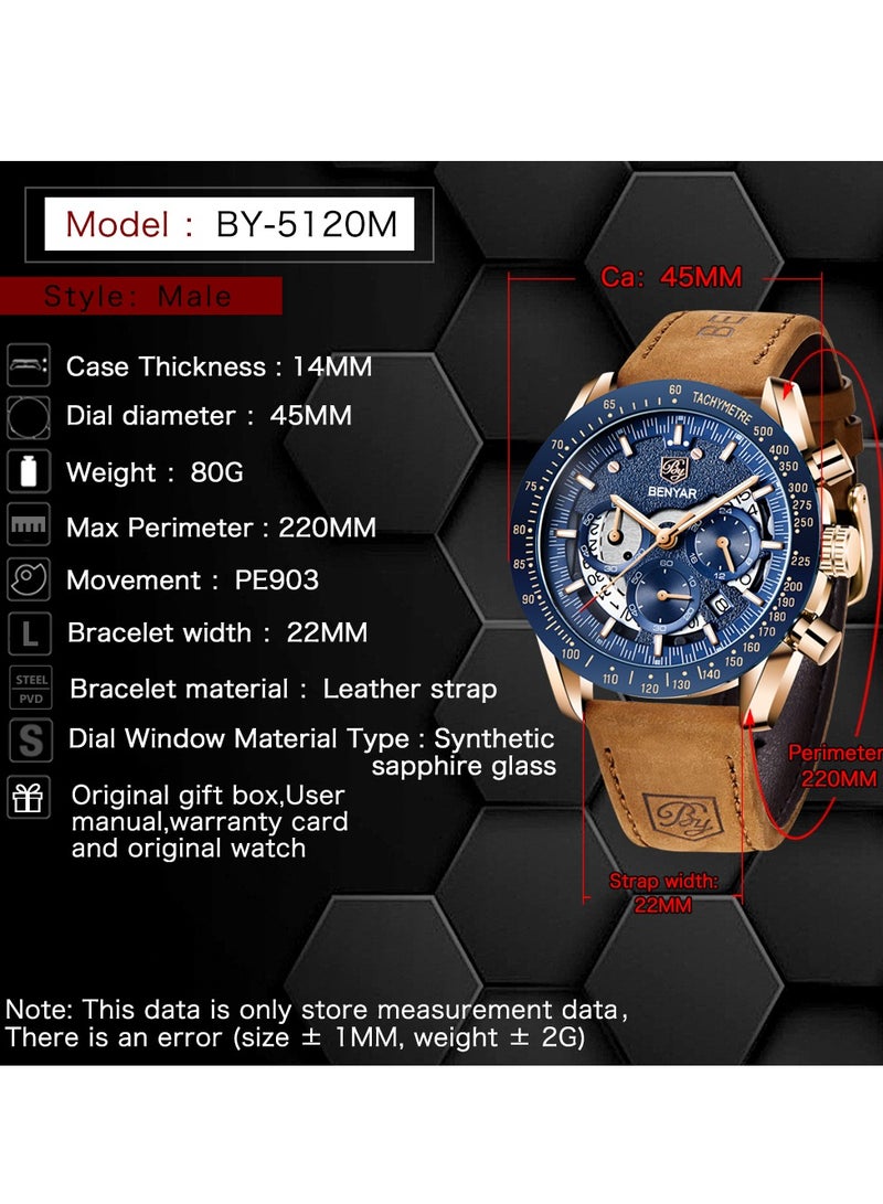 Watches for Men Luxury Quartz Water Resistant Watch Men's Chronograph Genuine Leather Strap 5120