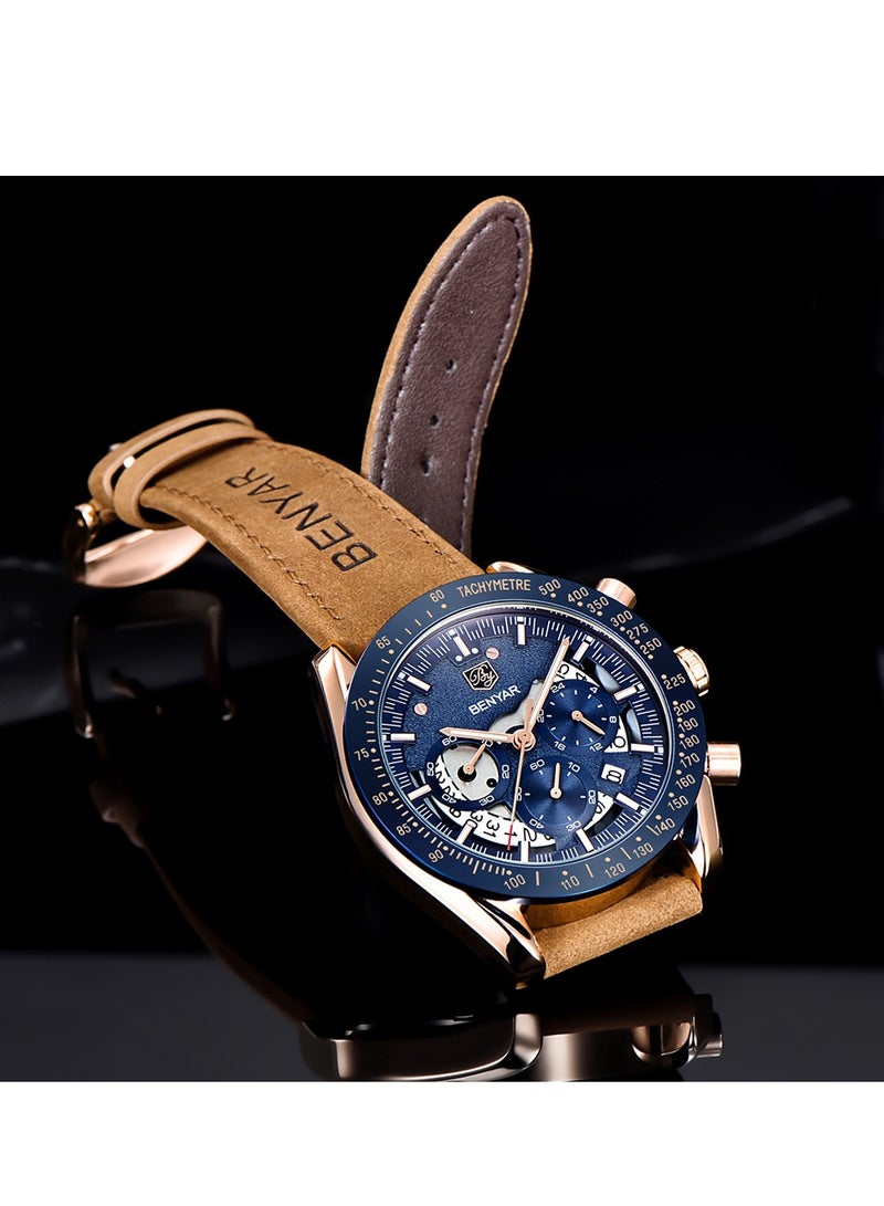 Watches for Men Luxury Quartz Water Resistant Watch Men's Chronograph Genuine Leather Strap 5120