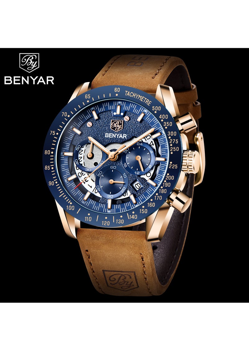 Watches for Men Luxury Quartz Water Resistant Watch Men's Chronograph Genuine Leather Strap 5120