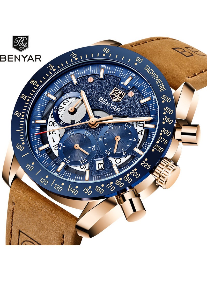 Watches for Men Luxury Quartz Water Resistant Watch Men's Chronograph Genuine Leather Strap 5120