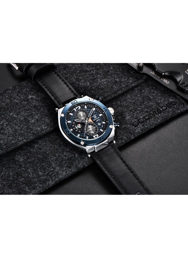 Watches for Men Luxury Quartz Water Resistant Watch Men's Chronograph Genuine Leather Strap 5151 Black