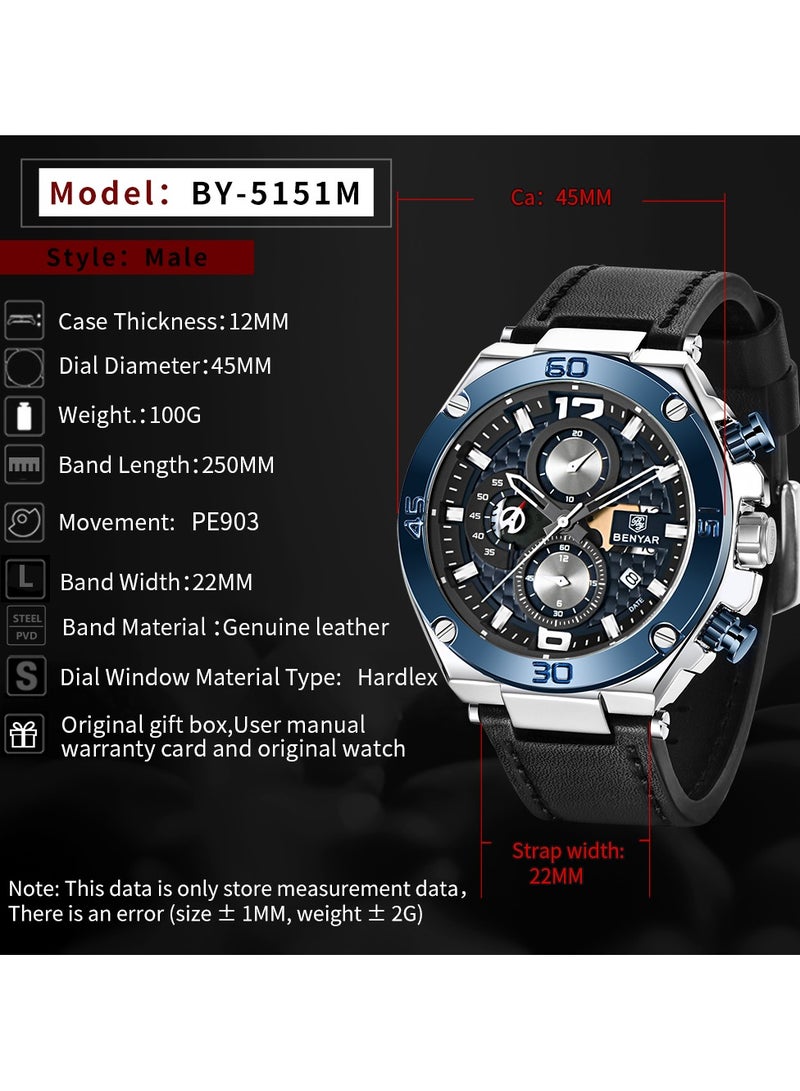 Watches for Men Luxury Quartz Water Resistant Watch Men's Chronograph Genuine Leather Strap 5151 Black