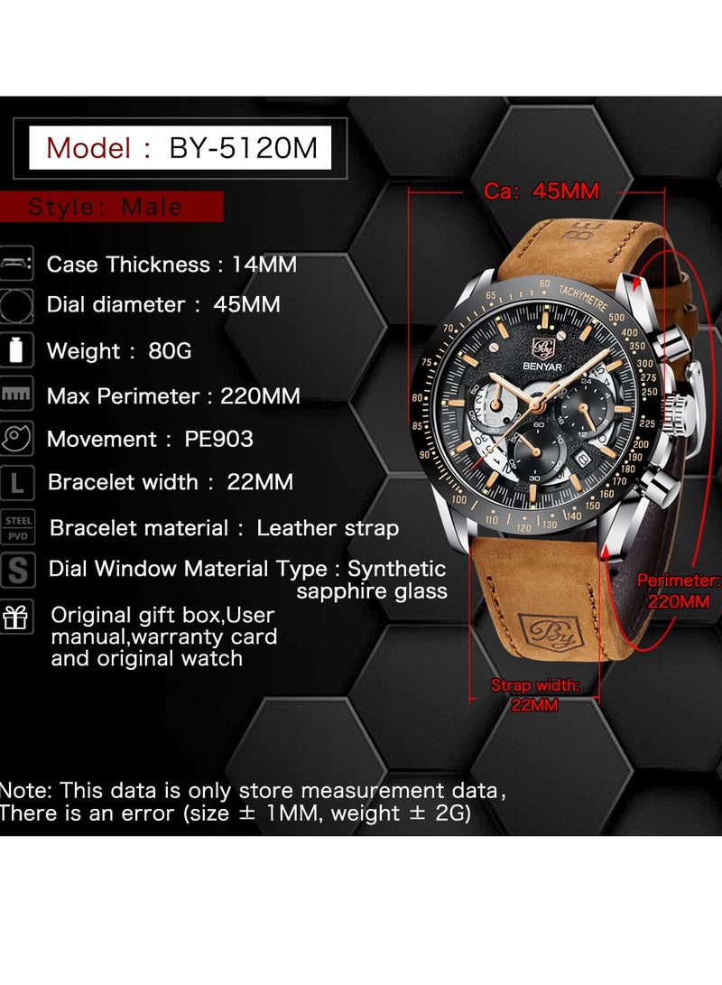 Watches for Men Luxury Quartz Water Resistant Watch Men's Chronograph Genuine Leather Strap 5120 Brown