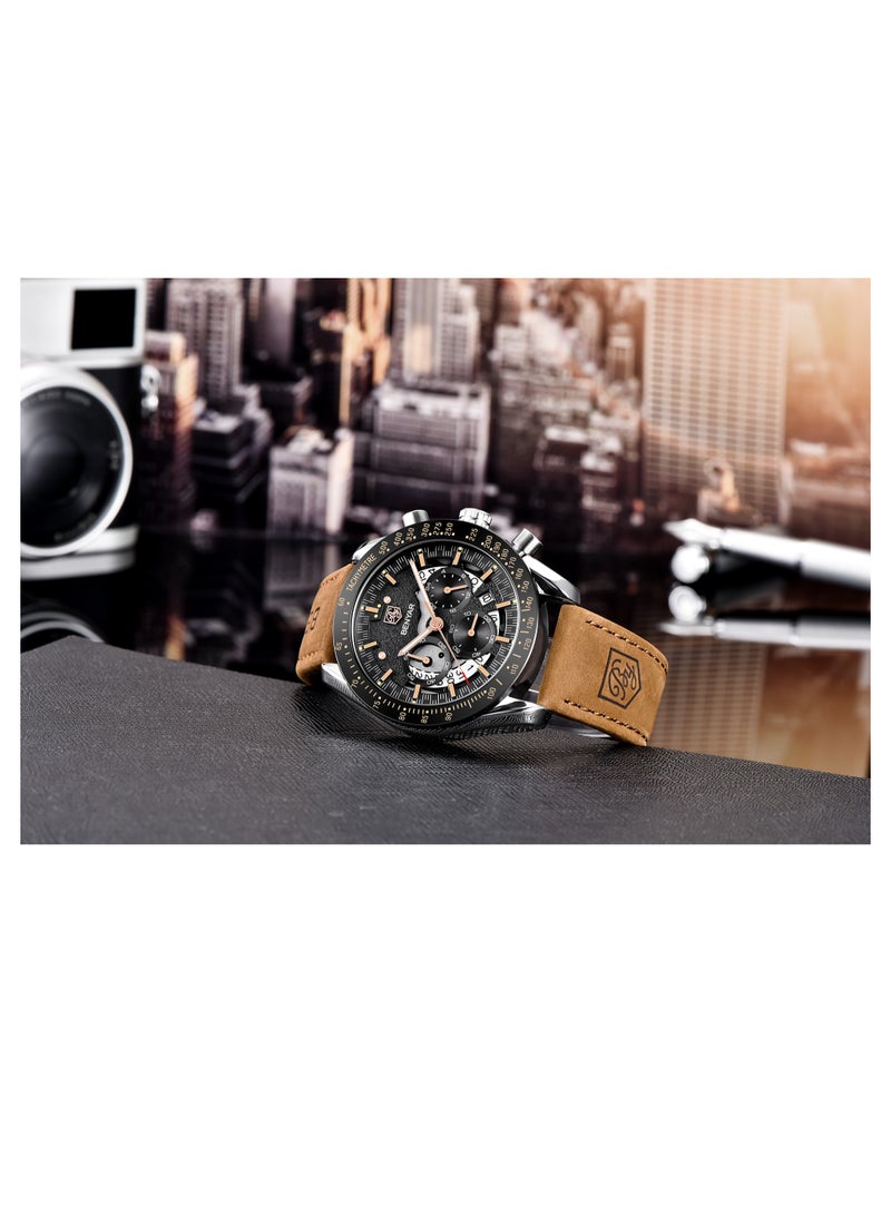 Watches for Men Luxury Quartz Water Resistant Watch Men's Chronograph Genuine Leather Strap 5120 Brown