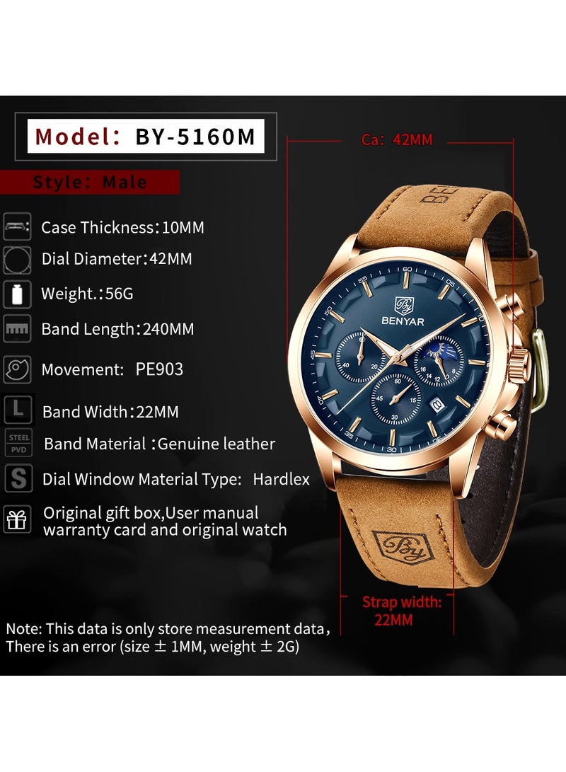 Watches for Men Luxury Quartz Water Resistant Watch Men's Chronograph Genuine Leather Strap 5160