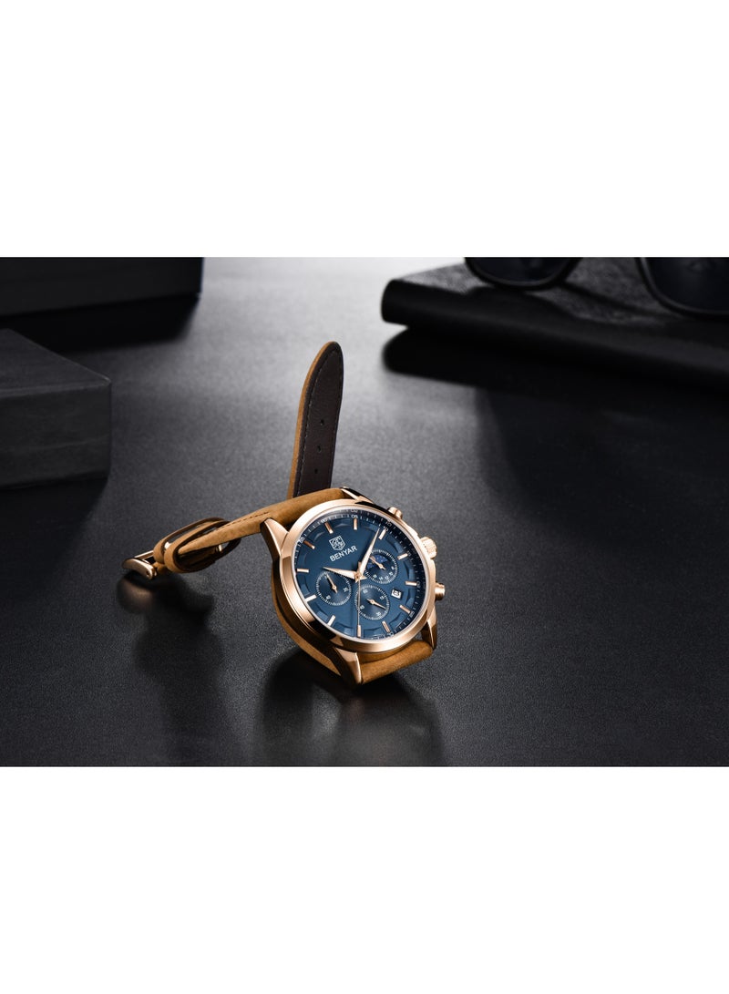 Watches for Men Luxury Quartz Water Resistant Watch Men's Chronograph Genuine Leather Strap 5160