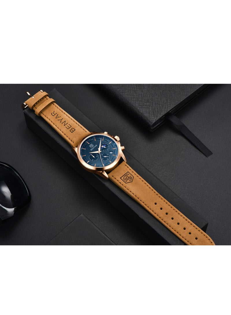 Watches for Men Luxury Quartz Water Resistant Watch Men's Chronograph Genuine Leather Strap 5160