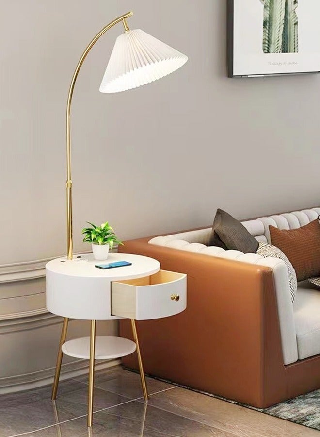 Multifunction Scandinavian Style Floor Lamp Coffee Table Smart Light Bedside Table with 2 Shelves Storage and Drawer Sofa Side Table Nightstand for Bedroom Living Room Home Office Furniture 38x160 cm