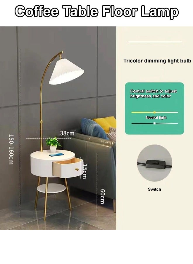 Multifunction Scandinavian Style Floor Lamp Coffee Table Smart Light Bedside Table with 2 Shelves Storage and Drawer Sofa Side Table Nightstand for Bedroom Living Room Home Office Furniture 38x160 cm