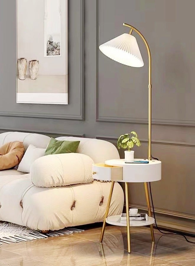 Multifunction Scandinavian Style Floor Lamp Coffee Table Smart Light Bedside Table with 2 Shelves Storage and Drawer Sofa Side Table Nightstand for Bedroom Living Room Home Office Furniture 38x160 cm