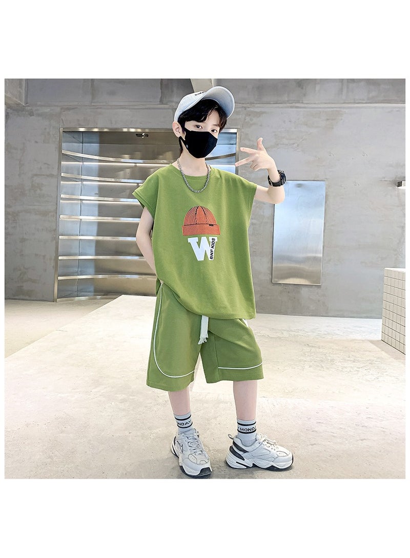 Cool Boy Fashion Print Casual Sleeveless Shorts Set Suitable For Ages 5-15