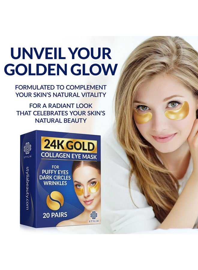 Under Eye Patches For Dark Circles And Puffy Eyes (20 Pairs) 24K Gold Eye Mask For Cosmetic Improvement & Instant Hydration Collagen Gel Pads For Temporary Relief Of Puffiness Refreshes