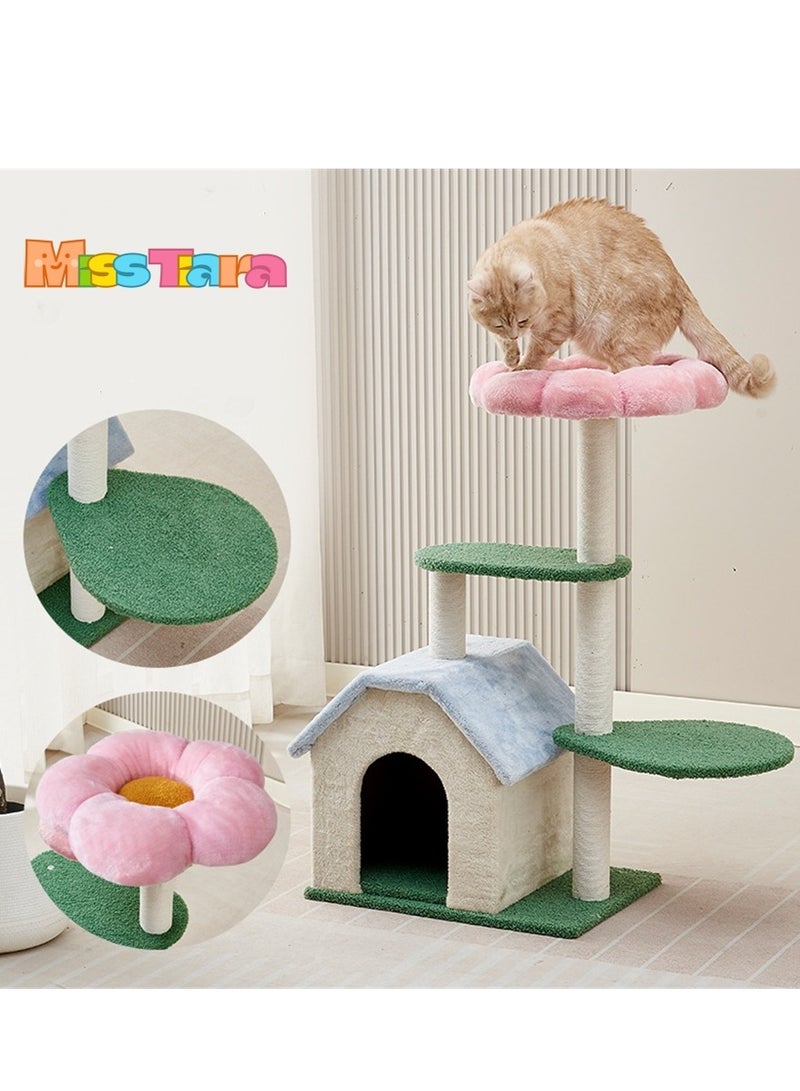 Cat Tree Tower, Cat Condo, Cat Scratching Post , with 12mm Thick Wood Pink Flower , Cat Activity Centre with Scratching Post Cat beds Cat climbing Tree For All Seasons